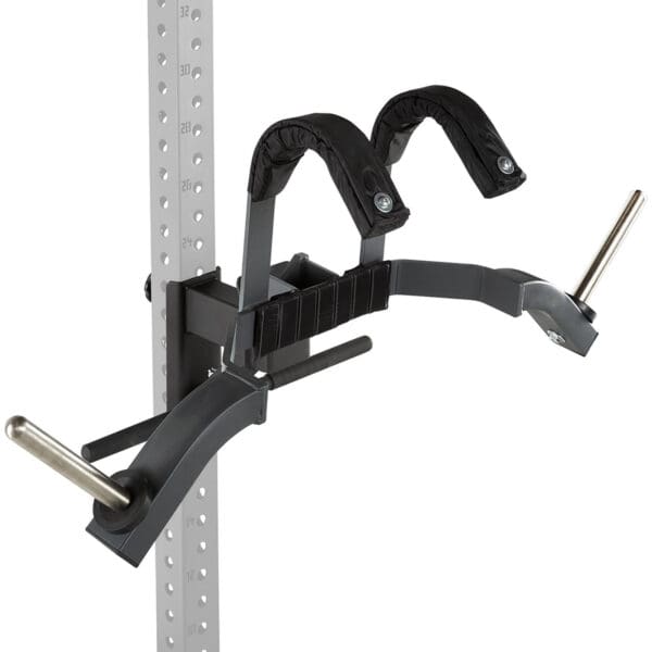 The ATX® Leg Master - Rack Add-On is a black and gray fitness attachment designed for use with power racks. It includes two curved shoulder-support pads and horizontal bars for weight plates, all mounted on a metal rack.