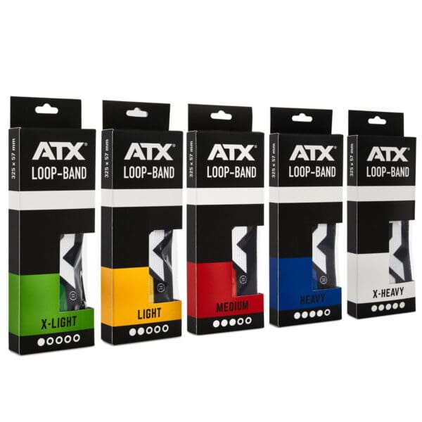 Five ATX® Loop Band packages, each part of the resistance band set, are arranged in a row. They are labeled with varying resistance levels: X-Light, Light, Medium, Heavy, and X-Heavy. The bands are presented in a vibrant assortment of colors: green, yellow, red, blue, and black.