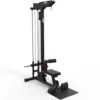 The ATX® Plate Loaded Lat Pulldown and Row Machine is a black fitness device for seated rowing, featuring a padded seat, foot pedals, and cable system. Its sleek, sturdy frame with adjustable parts offers a versatile and customizable workout experience.