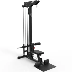 The ATX® Plate Loaded Lat Pulldown and Row Machine is a black fitness device for seated rowing, featuring a padded seat, foot pedals, and cable system. Its sleek, sturdy frame with adjustable parts offers a versatile and customizable workout experience.