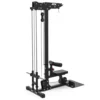 The ATX® Plate Loaded Lat Pulldown and Row Machine is a sleek black and silver home gym pulley system with a bench, weight stack, and footplate. Designed for strength training, it features a sturdy metal frame and cables for various exercises.
