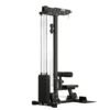 A black ATX® Pin Loaded Lat Pulldown machine for fitness training with a stack of weight plates, pulleys, and a padded seat with footrests. Its design enables various exercises targeting different muscle groups.