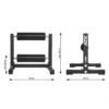 The ATX® Split Squat Stand, in black, features padded rollers and displays side and front views. Dimensions: 67 cm wide, height adjustable from 25 to 60 cm, base depth of 56 cm. Its sleek design is enhanced by prominent ATX branding.