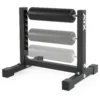 The ATX® Split Squat Stand is a sturdy black stand with three different sized adjustable foam rollers. Its rectangular base ensures stability and allows for easy storage and quick roller selection.
