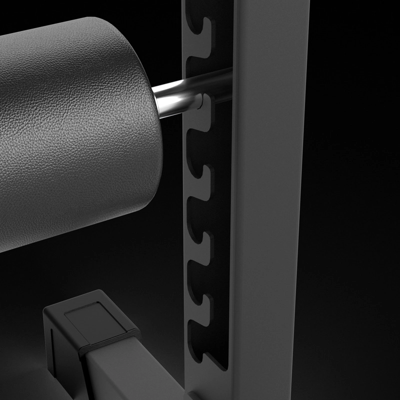 Close-up of a textured barbell on the ATX® Split Squat Stand, featuring multiple notched adjustments and set against a dark background.