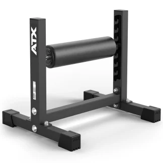 The ATX® Split Squat Stand is a black metal exercise machine featuring a padded cylindrical roller in the center and a sturdy rectangular four-legged frame, with the ATX logo displayed on the side.