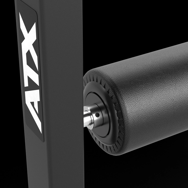 Close-up of a black padded roller on the ATX® Split Squat Stand, with the brand name visible on a vertical support against a black background.