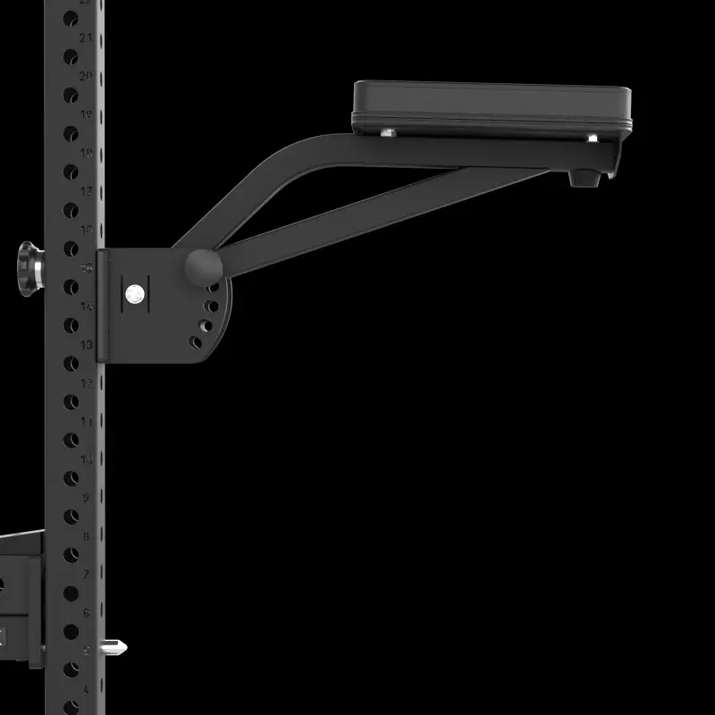 Close-up of the ATX® The Seal Row Pad, an adjustable black gym attachment with a padded horizontal armrest, mounted on a perforated metal frame against a solid black background.