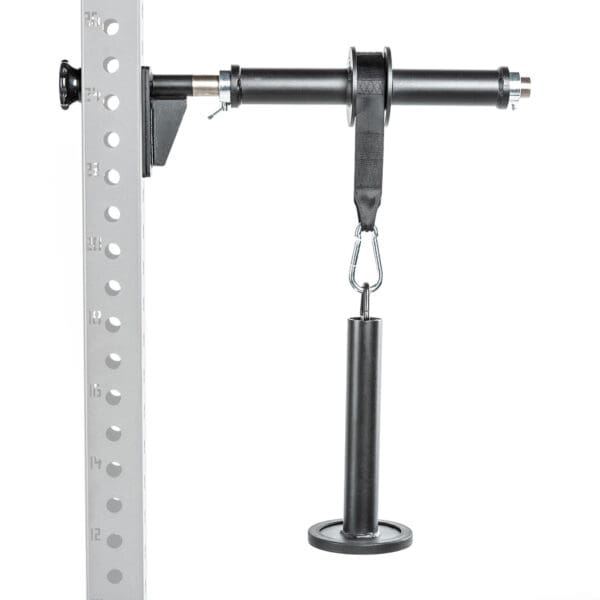 The ATX® Forearm Training Set includes a wall-mounted gym pulley system with a black cylindrical handle and plate holder, attached to a perforated metal rack, ideal for strength training exercises.