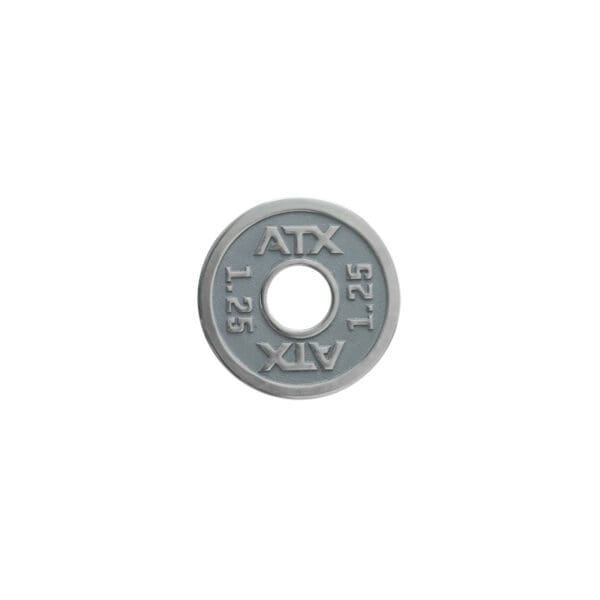A small ATX® Powerlifting Metal Plate, gray and calibrated, with ATX and 1.25 kg engraved on its surface, features a central circular hole for precise training setups.