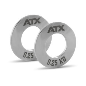 Two ATX® Olympic Fractional Plate Pairs with ATX logo and 0.25 KG engraved, each featuring a central hole for barbell mounting, set against a plain white background.