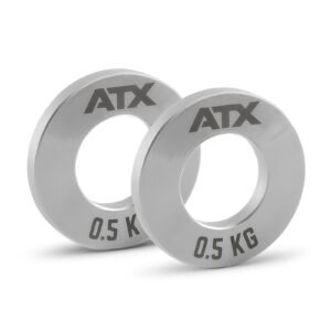 Two ATX® Olympic Fractional Plate Pairs, each weighing 0.5 kg, are positioned upright against a white background.