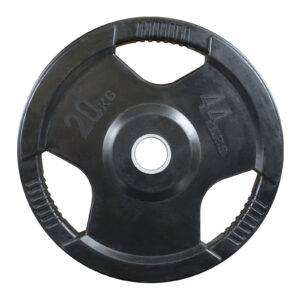 A black Olympic Weight Plate marked 20 KG and 44 LBS with a central hole for a barbell features ergonomic grips on both sides.