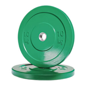 Two black 10 kg Olympic Bumper Weight Plates with central metal holes, one standing upright and the other flat on the surface.