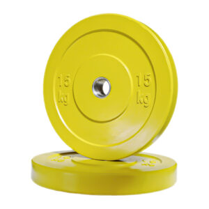 Two black Olympic bumper weight plates (15 kg) are shown on a white background: one upright, one flat, each with a visible central hole for barbell mounting.