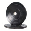 Two Black Olympic Bumper Weight Plates, each marked with 5 KG, are pictured; one leans against the other, which is lying flat.