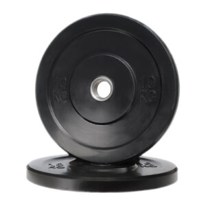 Two Black Olympic Bumper Weight Plates (10 kg), one upright and the other flat, set against a white background.
