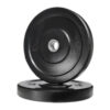 Two Black Olympic Bumper Weight Plates (15kg each) are displayed: one stands upright, while the other lies flat on the ground.