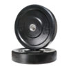 Two large Black Olympic Bumper Weight Plates are shown, each with 25 KG. One is upright, the other flat, both featuring a small central hole for a barbell.