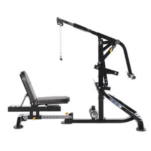 The Powertec Compact LeverGym offers a sleek black and silver design, featuring a bench for seated exercises, a versatile pulley system, and an adjustable incline. Ideal for weight training and strength exercises, this home gym machine blends efficiency with style.