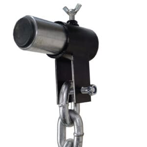 Close-up of the Barbell Chain Set with Olympic Collar 12kg - 60kg showing a heavy-duty metal chain attached to a sturdy black bracket, featuring a cylindrical silver component at the top. A bolt and nut secure it, with a visible wing nut on top.