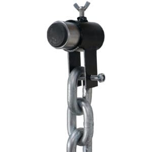 Close-up of a Barbell Chain Set with Olympic Collar (12kg - 60kg) connected to a black cylindrical fixture using a wing nut. A bolt secures the chain link to the fixture against a plain white background.