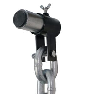 Close-up image of the Barbell Chain Set with Olympic Collar 12kg - 60kg, featuring a metallic chain connected to a cylindrical metal fitting and wingnut, secured to a sturdy bracket with a bolt against a plain white background.