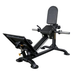 The Powertec Compact Leg Sled features a black seated calf raise machine design, complete with padded seat and backrest, an adjustable footplate, and handles on either side for support, ideal for lower leg exercises.