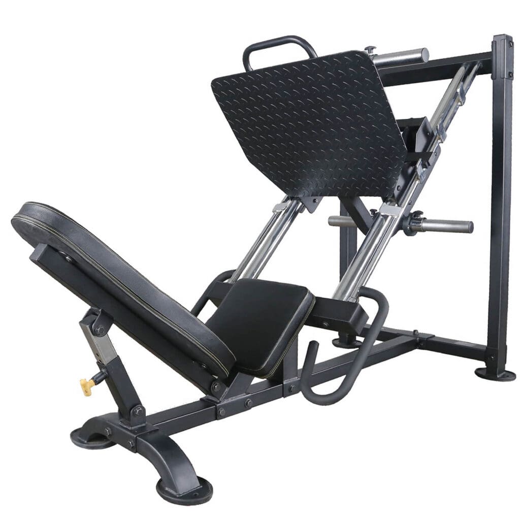 The Powertec Leg Press is a sleek, black machine featuring a padded seat, angled footplate, and sturdy metal frame. Designed for weight training and lower body exercises, it offers handles and adjustable features to enhance user comfort.