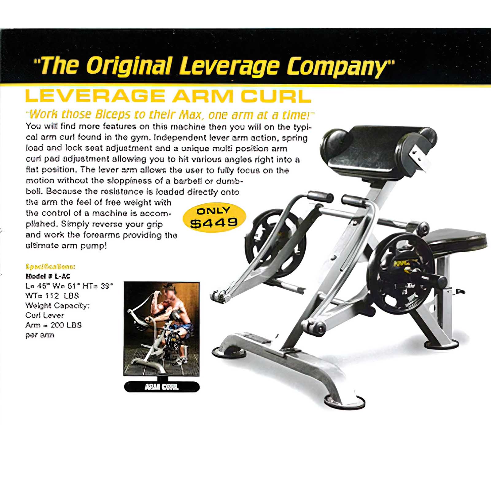 An advertisement for the Powertec Leverage Arm Curl from their 2008 catalogue