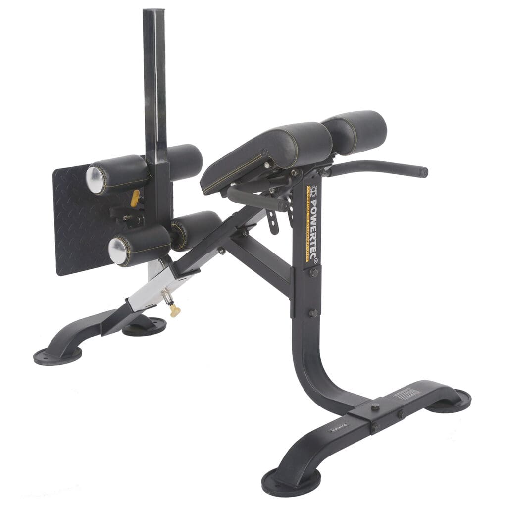 The Powertec Hyperextension is a sleek black bench designed for back and abdominal exercises, featuring padded rollers, a cushioned platform, and a sturdy steel frame for ultimate support and stability.