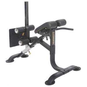 The Powertec Hyperextension is a sleek black bench designed for back and abdominal exercises, featuring padded rollers, a cushioned platform, and a sturdy steel frame for ultimate support and stability.