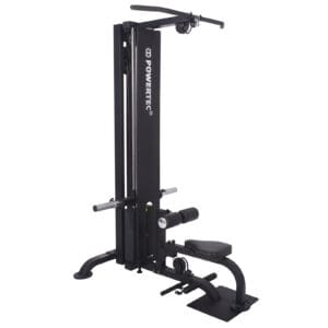 The black Powertec Lat Machine is crafted for diverse strength training exercises, equipped with a cable and pulley system, adjustable seat, and foot support. This sturdy and compact fitness machine is ideal for home gym use.