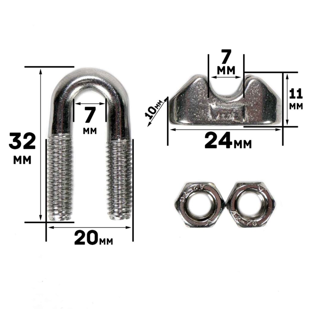 Image of metal Gym Cable Clamp with dimensions labeled. U-bolt: 32mm height, 20mm width, 7mm diameter. Plate: 24mm length, 7mm hole spacing, 11mm height. Includes two nuts.