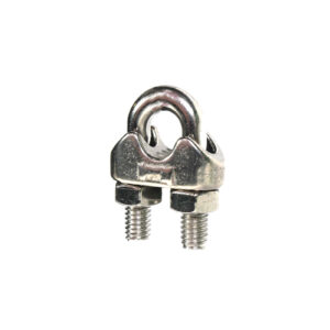 The Gym Cable Clamp is a shiny steel metal wire rope clip featuring a U-bolt and two hexagonal nuts, designed with a robust industrial style for securing cables and ropes.