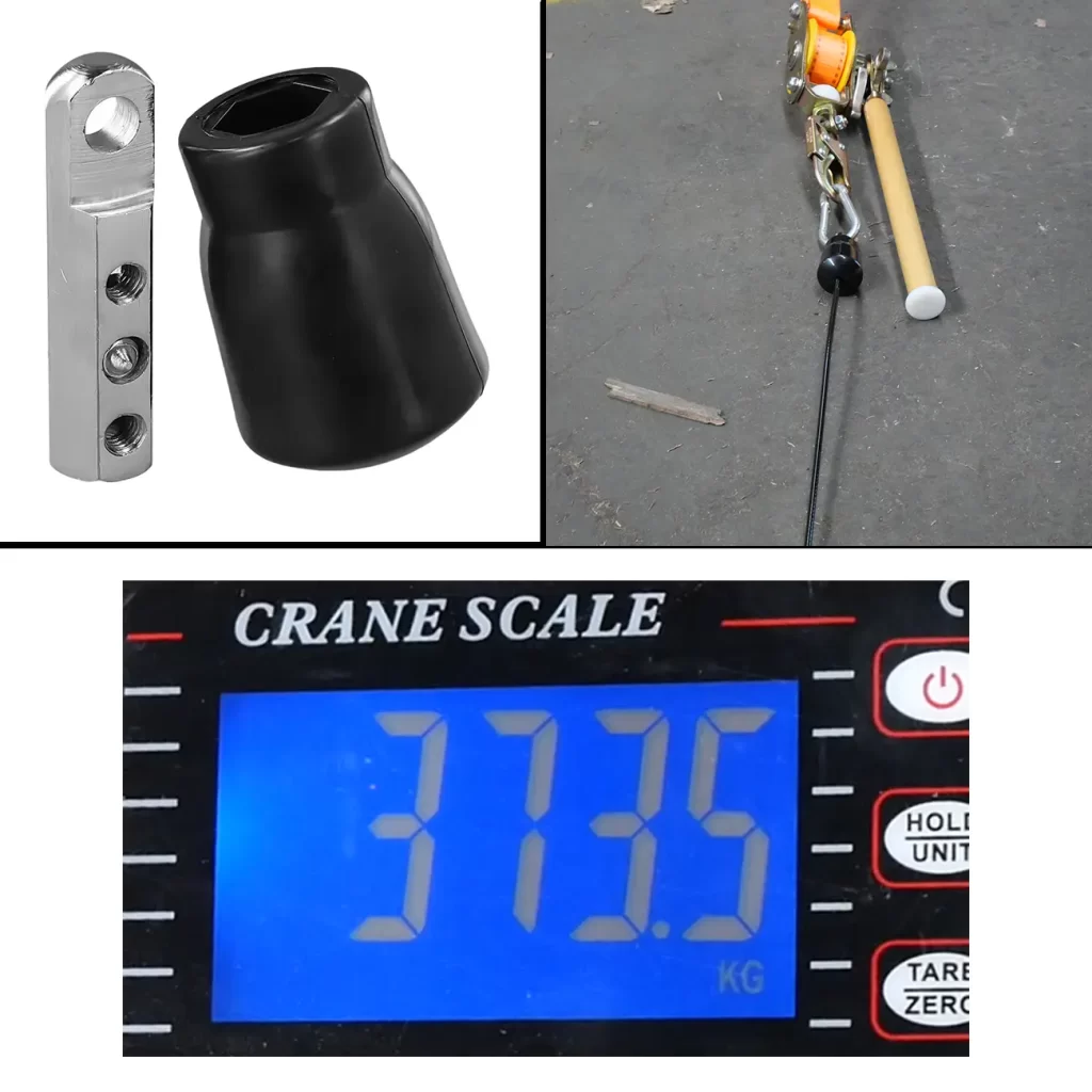 A collage featuring the Gym Cable Screw Lock & Stopper, a winch with a yellow handle on the ground, and a digital crane scale showing 373.5 kg.