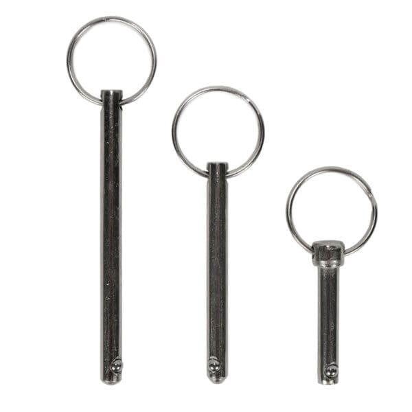 Three Locking Pin M6 quick release pins of varying lengths with attached circular rings, arranged vertically on a white background.
