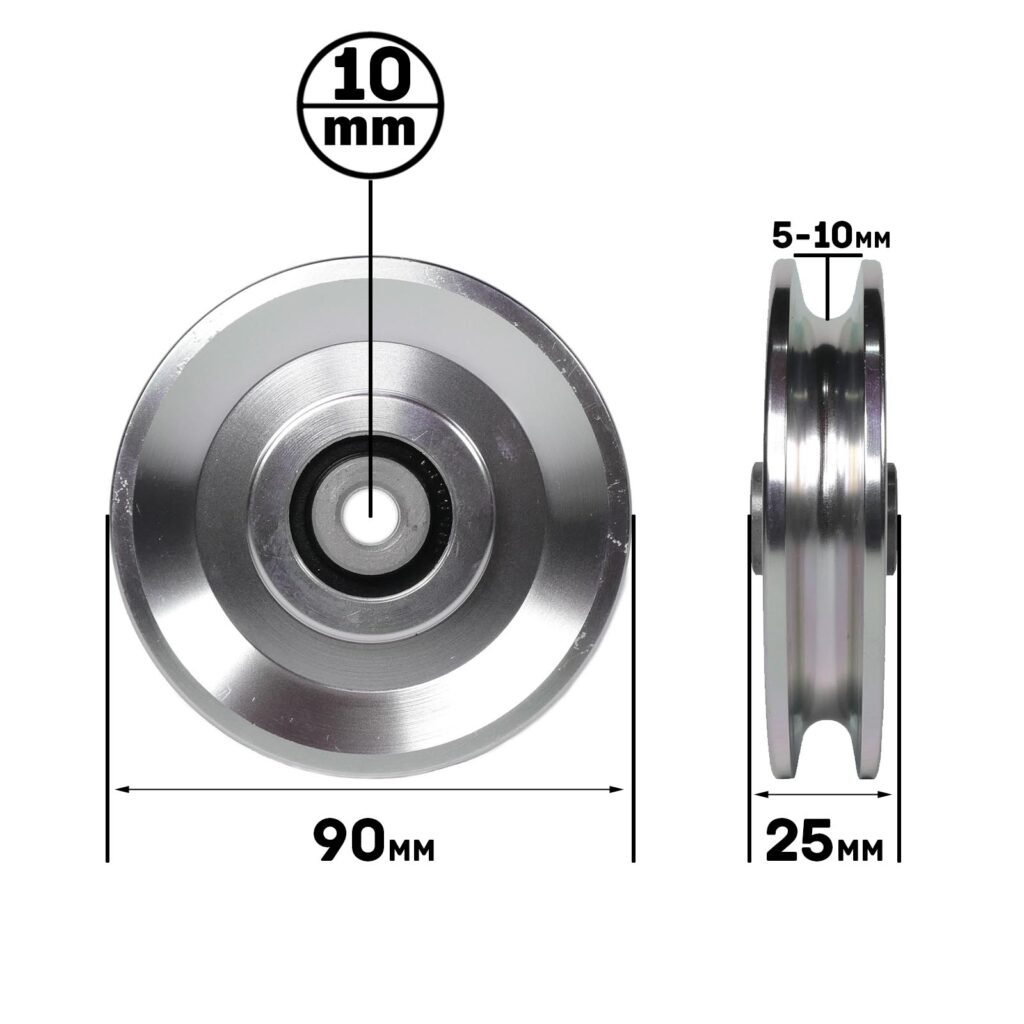 The 90mm Aluminium Pulley features a diameter of 90 mm, a 10 mm center hole, and a thickness of 25 mm, with a groove width between 5-10 mm. Both the front and side views showcase its metallic finish and design details.