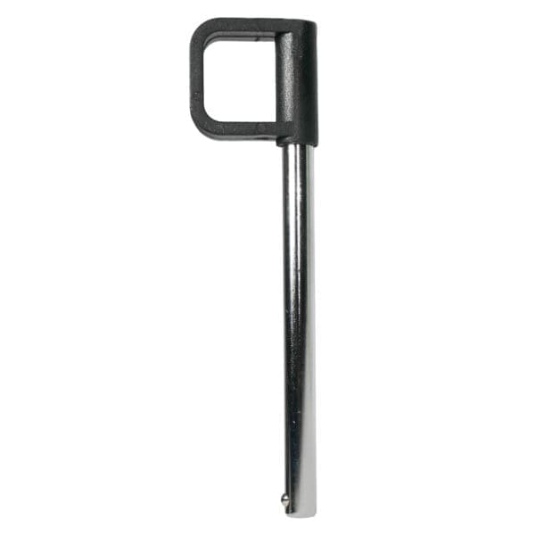 The Locking Pin 115mm D10mm features a smooth, silver metal pin with a square black plastic handle that includes a rectangular opening. The pin is cylindrical and has a small indent near the bottom.