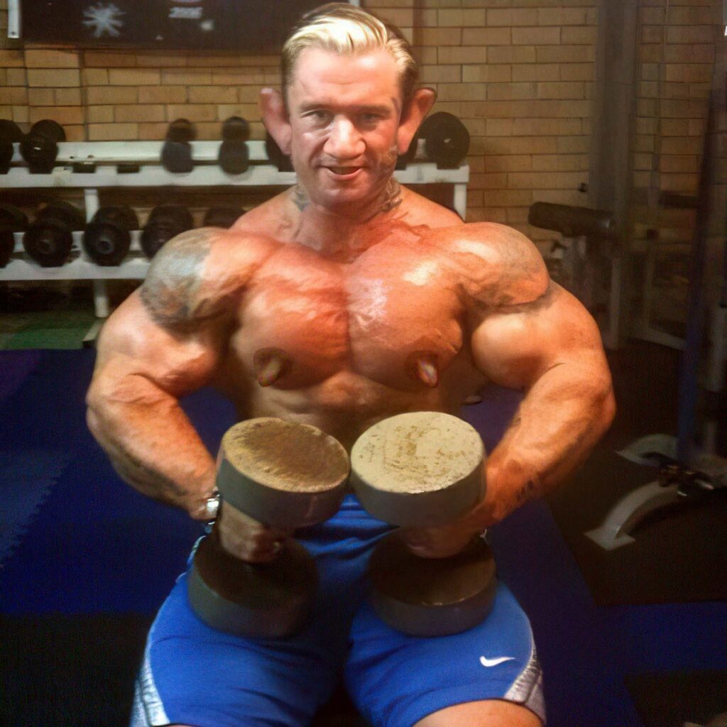 Lee Priest with bad gyno training with dumbbells in his gym