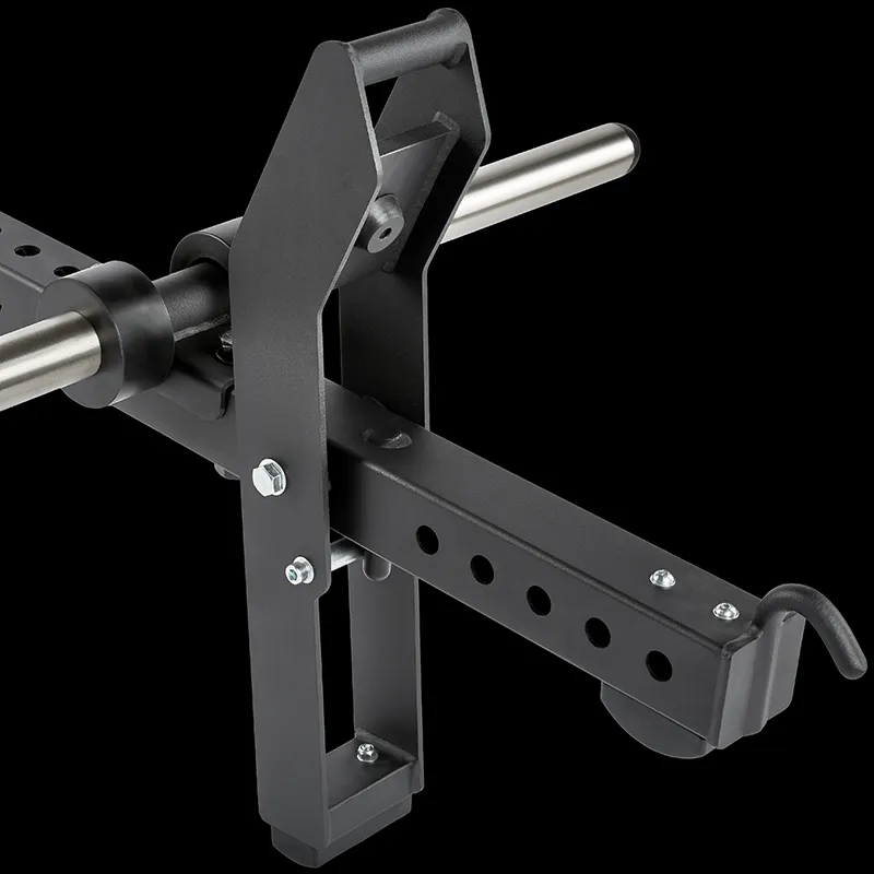 Close-up of the ATX® Belt Squat Option, a black metal adjustable gym attachment with a cylindrical grip handle, multiple adjustment holes, bolts, and a hook, set against a black background.