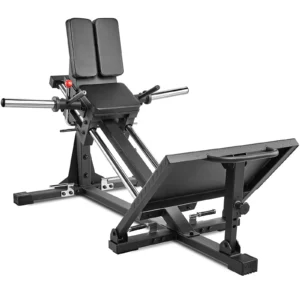 The ATX Compact Leg Press is a sleek, black machine equipped with angled sled leg press mechanics, padded back support, and a sturdy footplate. Designed for strength training, it offers handles and adjustable components for personalized workouts.