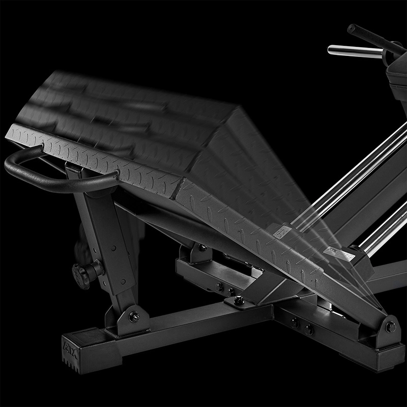 The ATX® Compact Leg Press ATX-CLP-700 and a black adjustable gym bench with a textured backrest are displayed in various angles, showcasing their versatility and adjustability against a black backdrop.