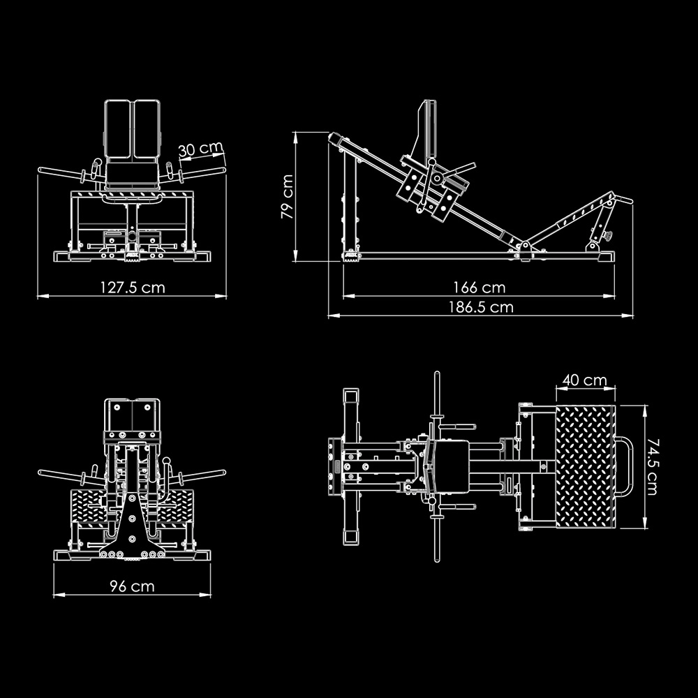 Technical drawing of the ATX® Compact Leg Press ATX-CLP-700 with four views, displaying detailed measurements—height, width, and length in centimeters—clearly labeled on a black background.