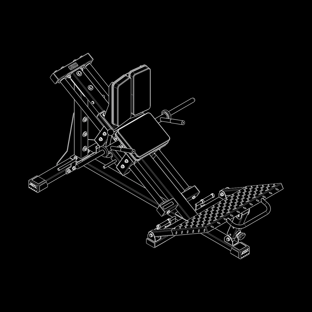 Line art illustration of the ATX® Compact Leg Press ATX-CLP-700, featuring an angled backrest, padded supports, handles, footplate, and weight holders on a black background.