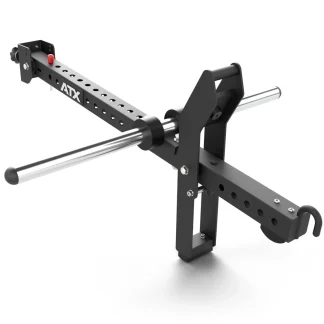 Black ATX® Belt Squat Attachment for a power rack, featuring a horizontal barbell sleeve and adjustable settings.