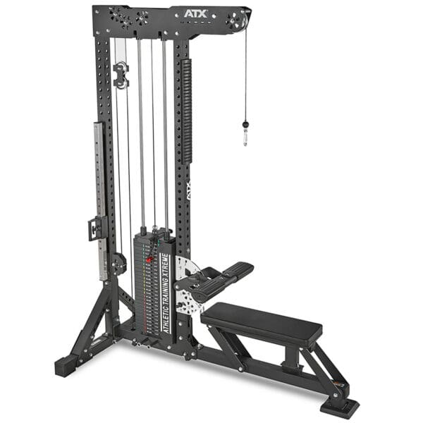 The ATX® Trinity Tower 135 kg is a multifunctional cable machine featuring seated row and lat pulldown setups, adjustable weight stacks, and a sturdy black frame.
