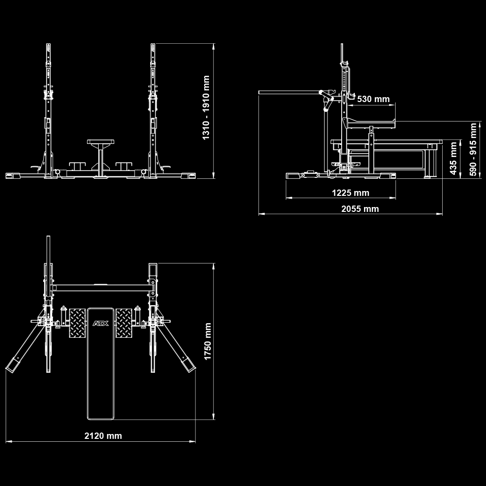 Technical drawing of the ATX® Combo Rack IPF Approved, displayed from front, side, and top views with measurements. Dimensions: 1910 mm height, 2120 mm width, and 2055 mm length.