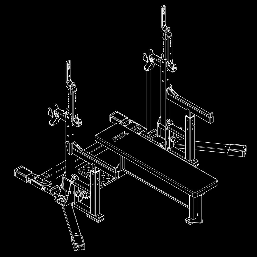 Black and white line drawing of the ATX® Combo Rack IPF Approved, featuring a robust frame with adjustable weight bench, support stands, and safety bars—perfect for bench pressing and diverse strength training exercises.
