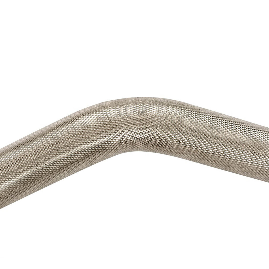 A detailed close-up of the ATX® PRO Ez Curl Bar reveals its metallic, textured, woven surface bent at an angle, with the intricate weave visible against a white background.